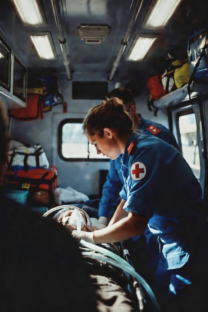 A paramedic and EMT work together in the back of an ambulance, focused on a patient during active treatment. Medical equipment lines the walls behind them.