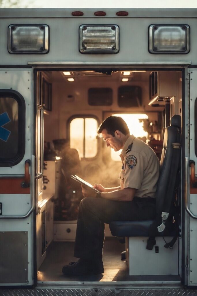 A male paramedic sitting inside the open rear of an ambulance, focused on reviewing a tablet in his hands. Warm sunset light streams through the doors, illuminating the scene with a mix of golden exterior light and cool interior lighting. Medical equipment is softly blurred in the background.