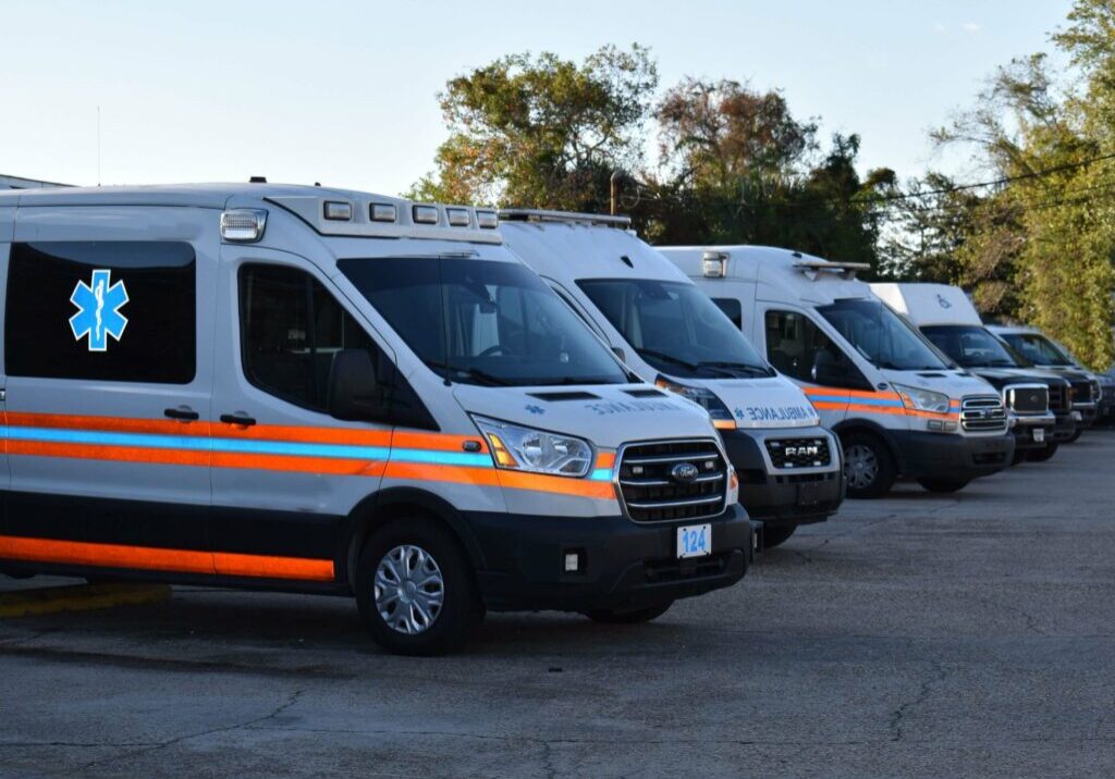A row of ambulance vehicles